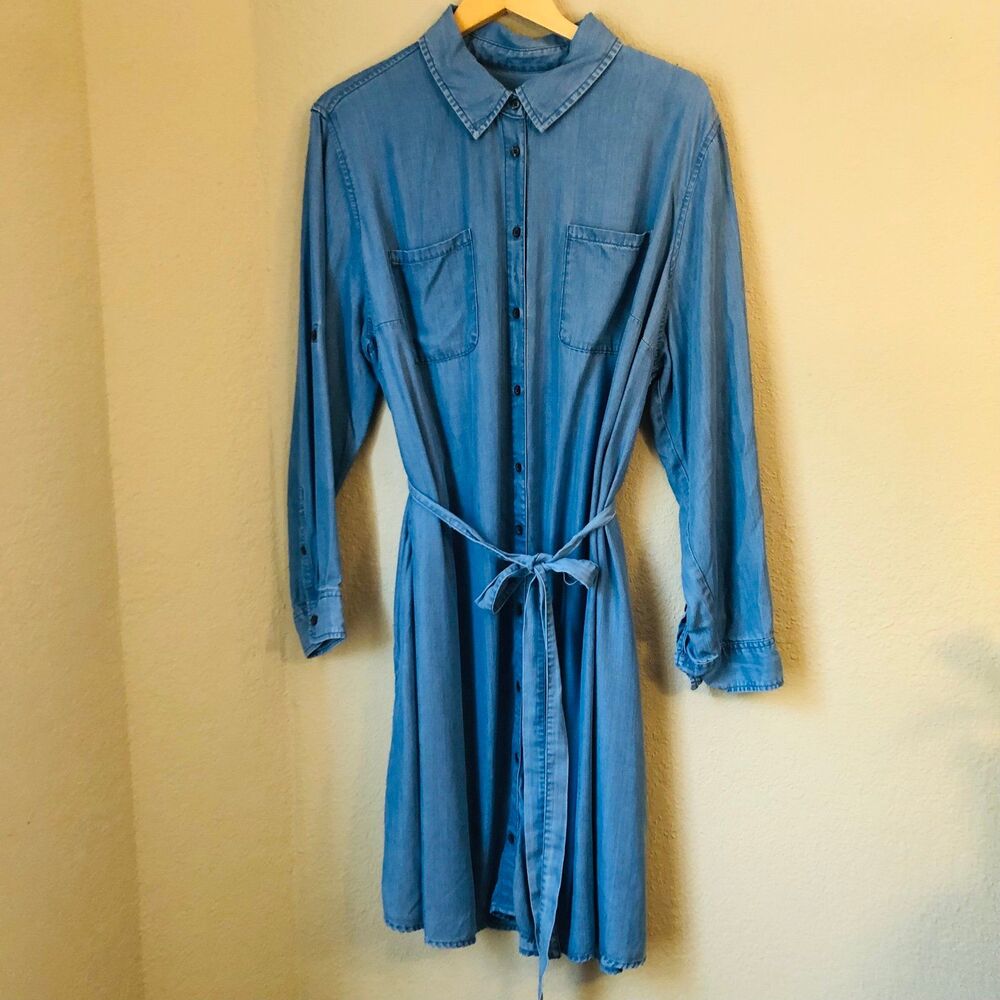Ava & Viv 2X Long Sleeve 100% Lyocell Denim Shirt Dress Medium Wash Country Chic